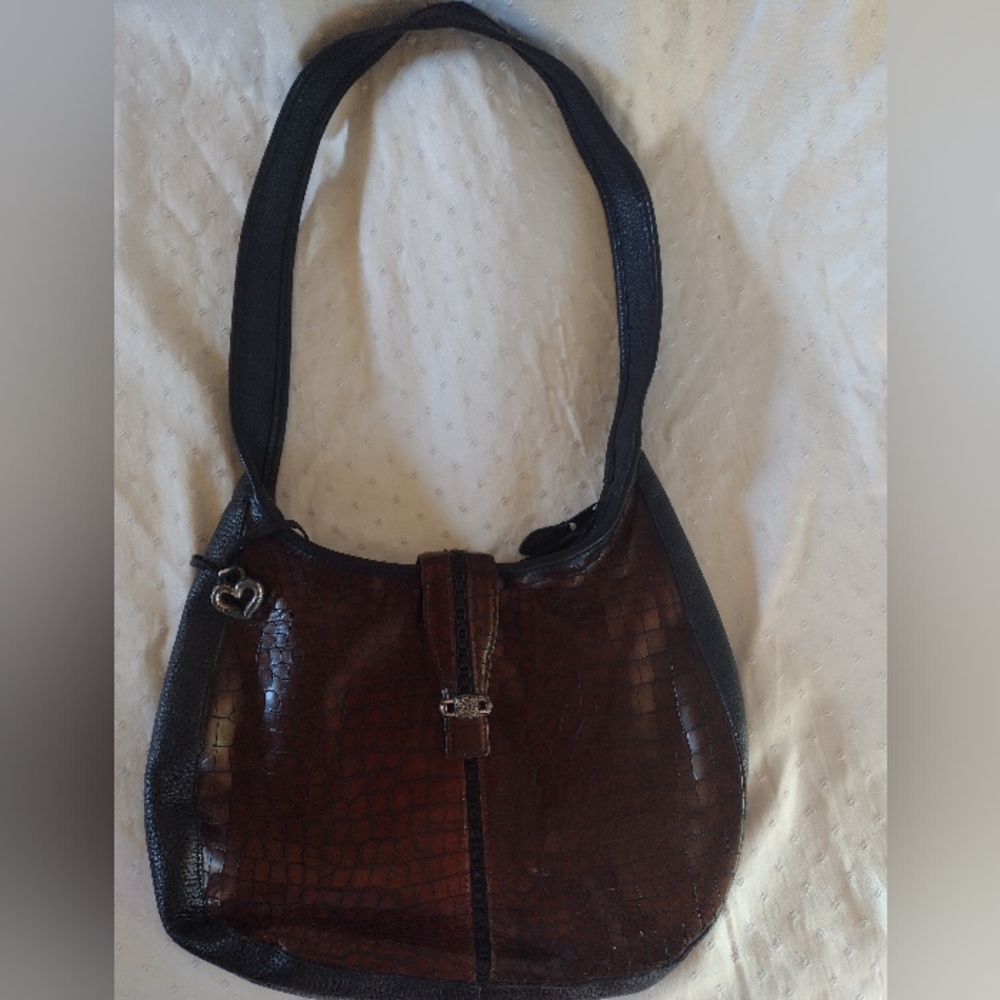 BRIGHTON 90's VINTAGE Genuine black/brown leather shoulder bag with croc pattern